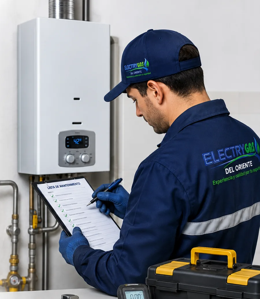 Técnico de Electrygas del Oriente revisando la lista de mantenimiento de un calentador a gas
