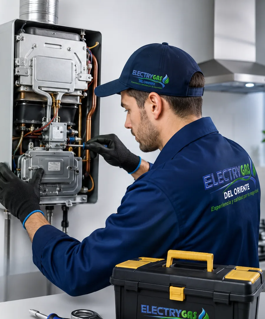 Técnico de Electrygas del Oriente reparando el interior de un calentador a gas