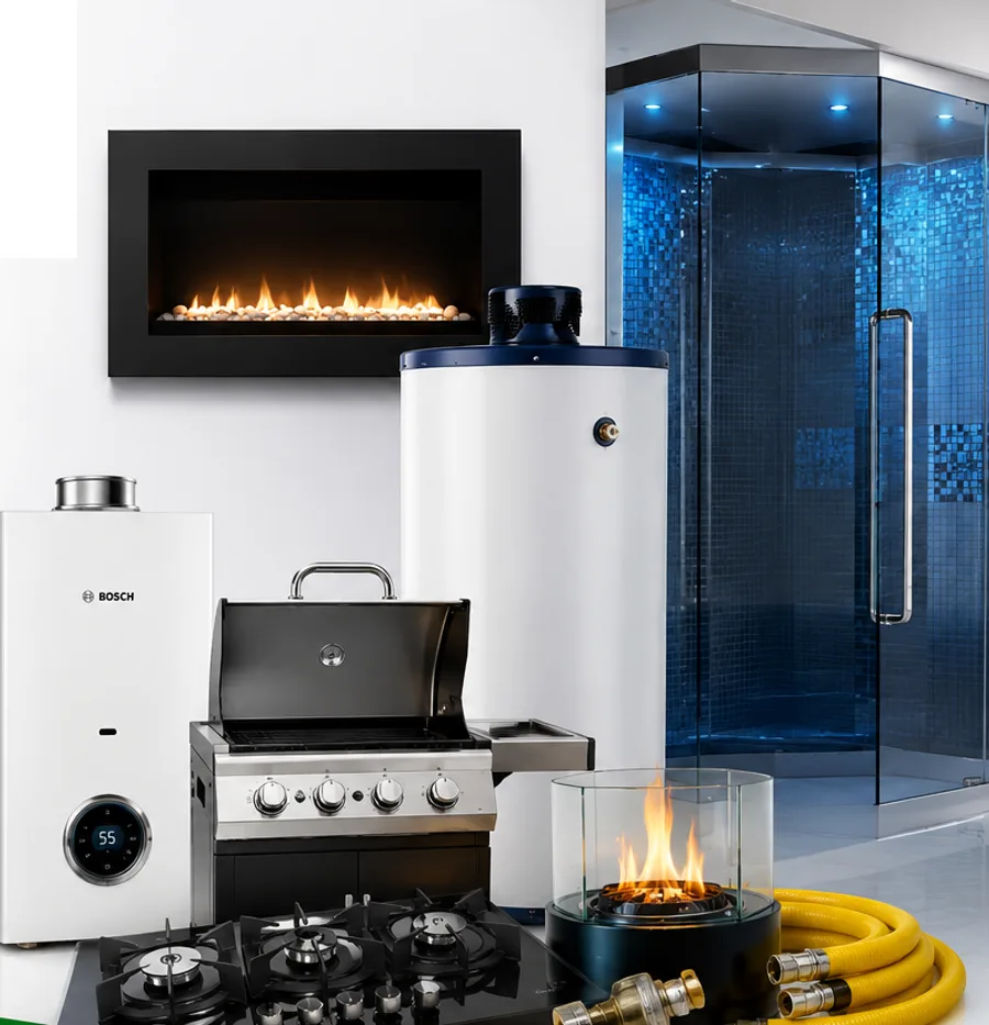 Calentador BOSCH, chimenea a gas, tanque acumulador, asador, estufa empotrable y ducha tipo turco