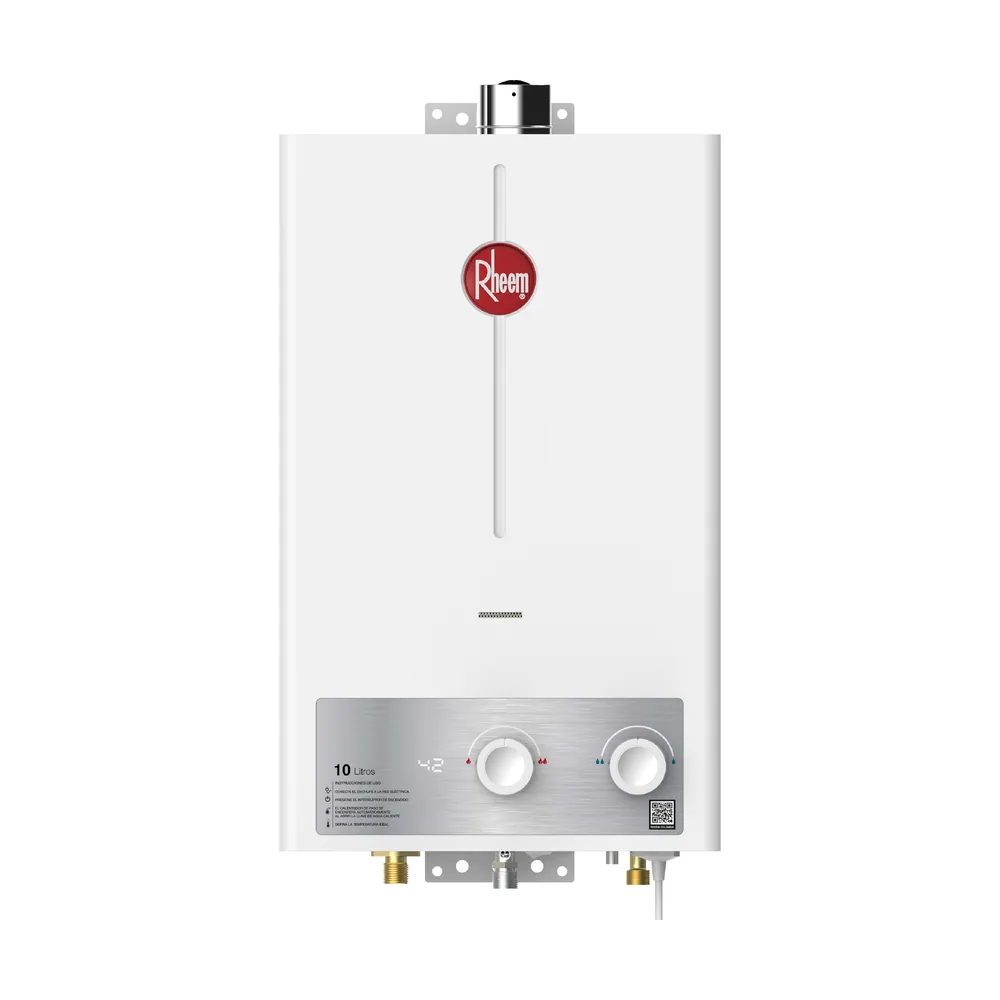 Calentador de paso 10 litros RHEEM, gas propano: vista frontal con panel de acero y perillas