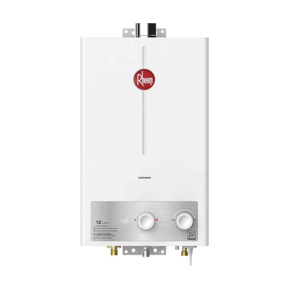 Calentador de paso 12 litros RHEEM, gas propano: vista frontal con panel de acero y perillas