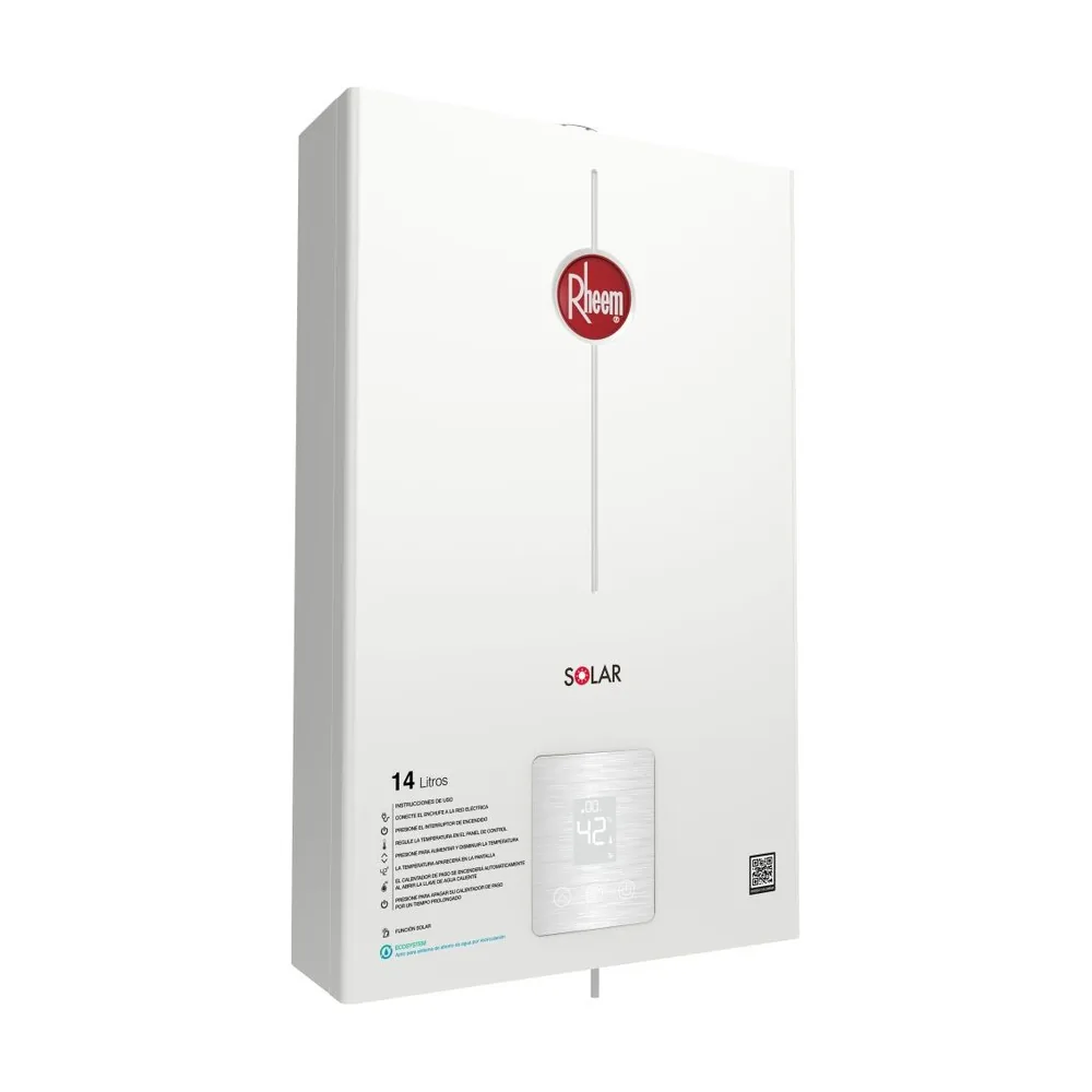 Calentador de paso 14 litros digital RHEEM, gas natural: vista en ángulo desde la izquierda