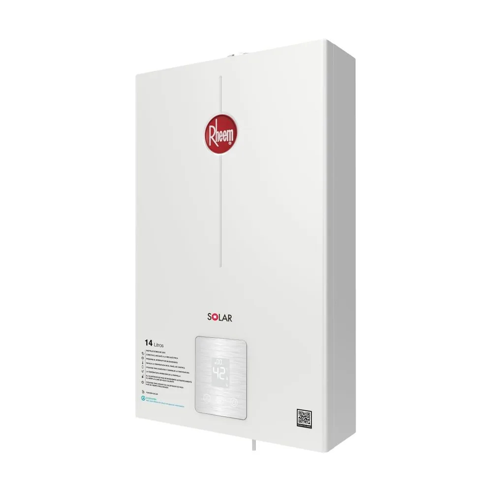 Calentador de paso 14 litros digital RHEEM, gas natural: vista en ángulo desde la derecha