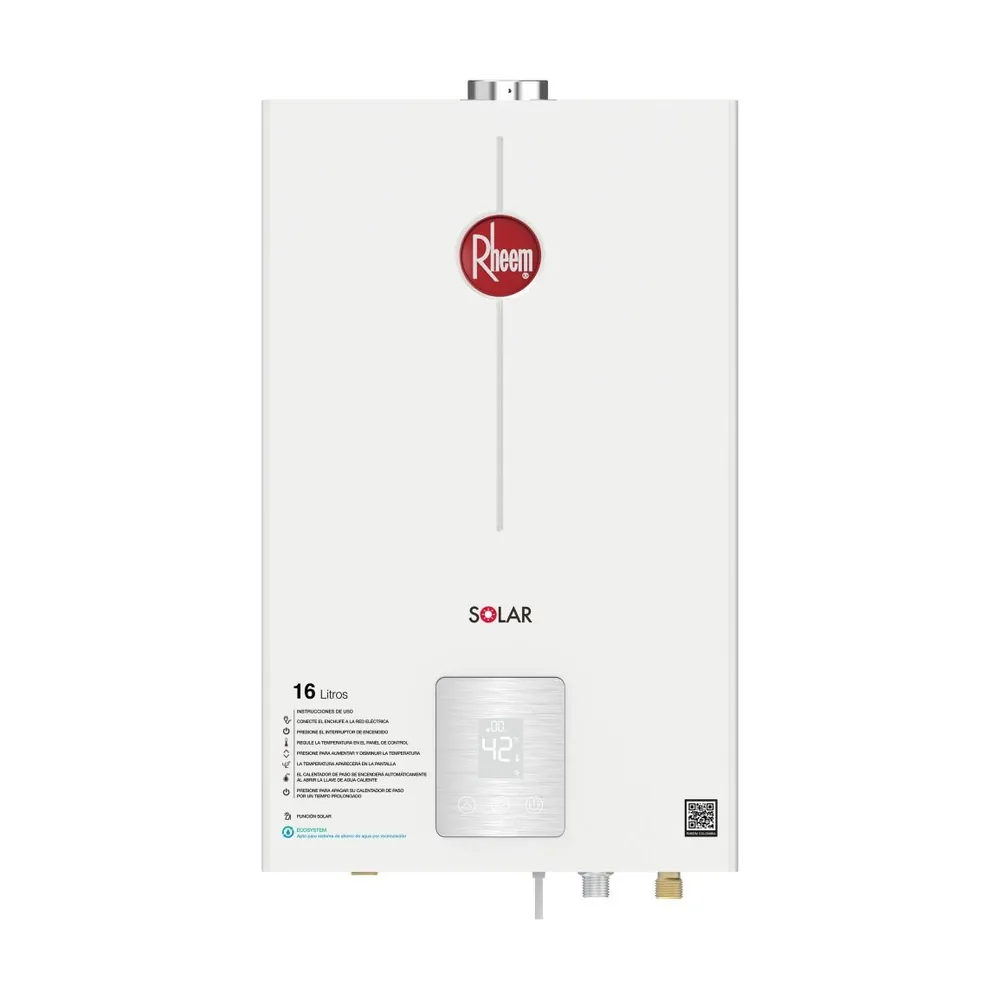 Calentador de paso 16 litros digital RHEEM, gas propano: vista frontal con control digital