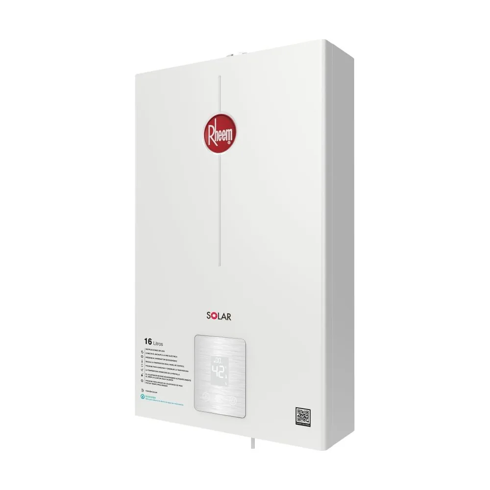 Calentador de paso 16 litros digital RHEEM, gas propano: vista en ángulo desde la izquierda