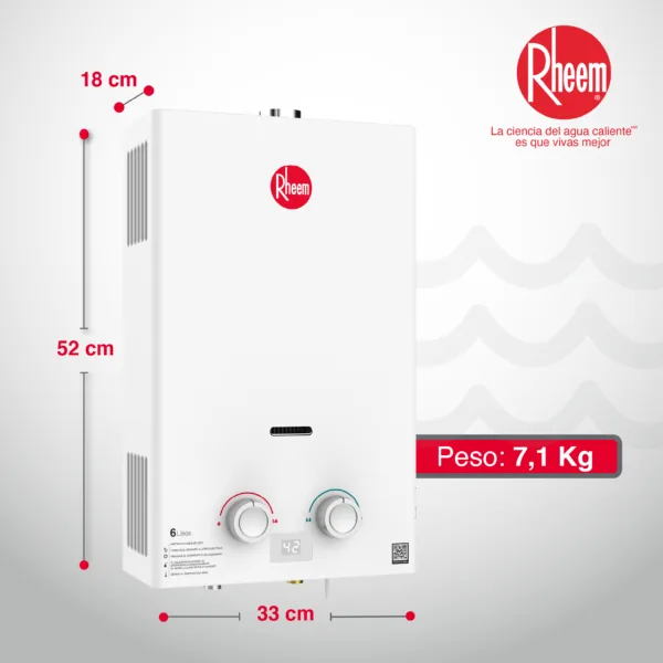 Calentador de paso 6 litros RHEEM, gas natural: medidas: 52 cm de alto, 33 cm de ancho y 18 cm de fondo